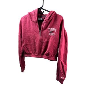 Tommy Jeans Cropped Hoodie Womens Medium Half Zip Red Pullover Sweatshirt
